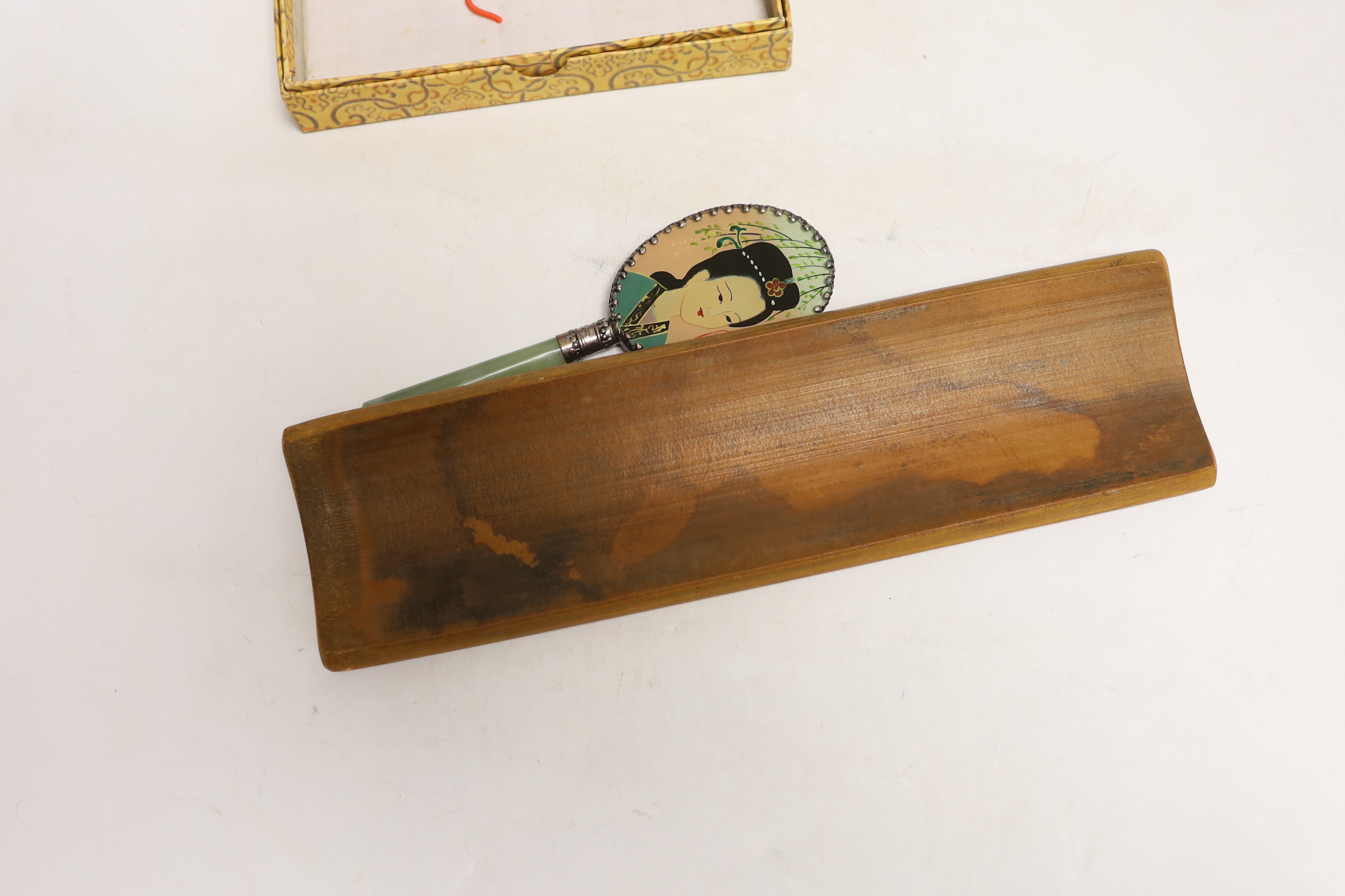A Chinese ink block, bamboo brushrest, mirror and bamboo stacking box / container, largest 32cm high (4)